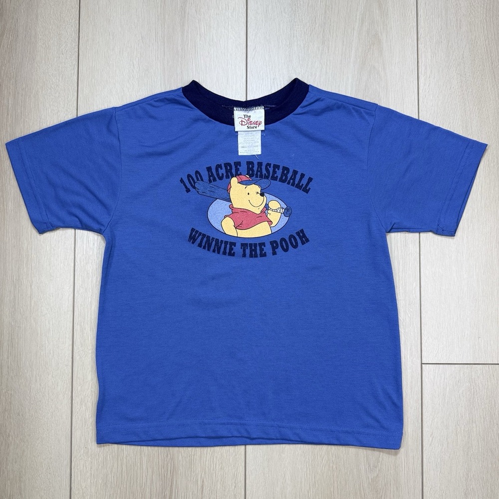 VTG Disney Store Winnie the Pooh Medium‎ 100 Acre Baseball Graphic T-Shirt Blue